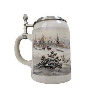 Domex German Beer Stein Winter Deer Forest Scene Hinged Pewter‎ Lid Vintage